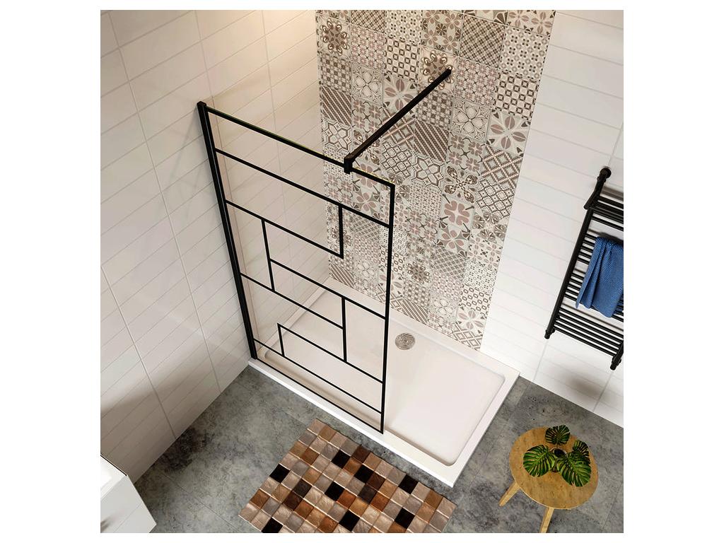 100x200cm fixed walk-in shower screen with 90cm square black support bar, 8mm anti-limescale glass, modern style 57488FGRK
