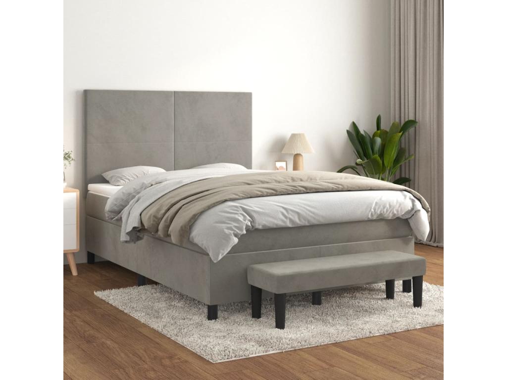 Upholstered bed base and mattress, light grey, 140x200cm, velvet, 22816TUDO