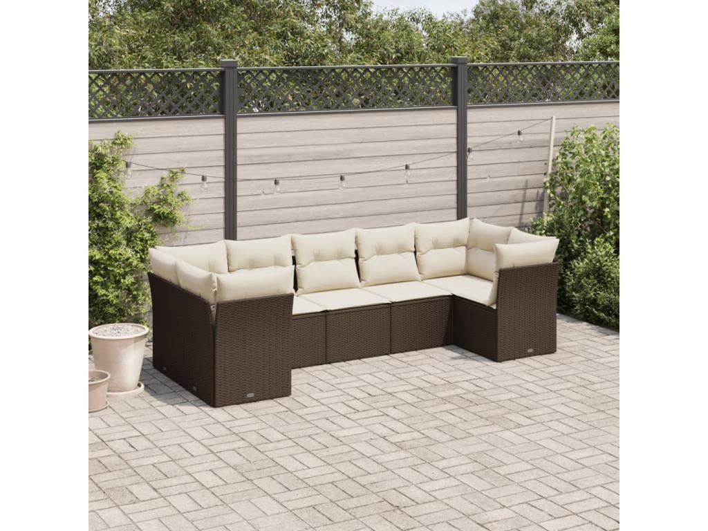 7-piece garden furniture set with cushions, brown woven resin, 44797KJWP