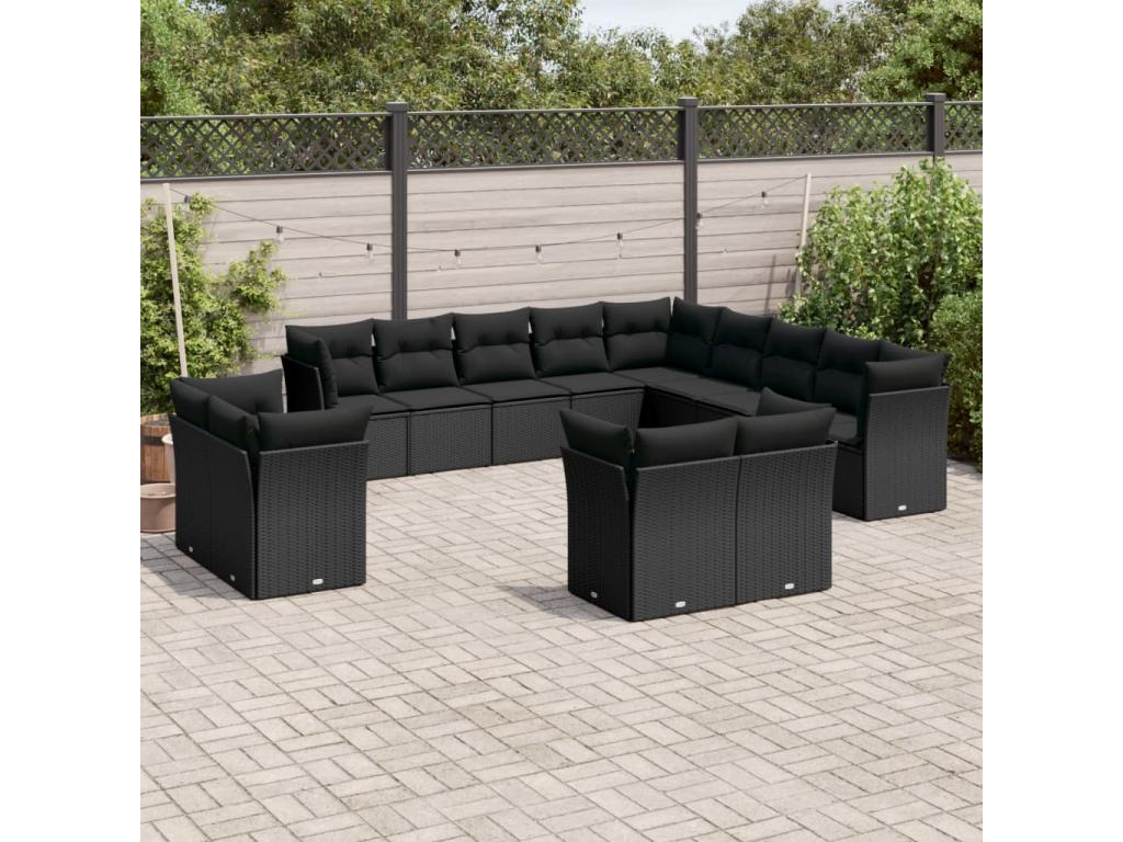 Garden furniture set with cushions, 13 pieces, black woven resin, 19329DUKO