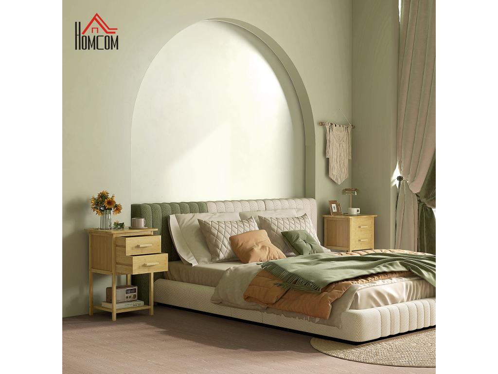 Set of 2 bedside tables in natural style - 2 drawers and shelf - varnished Bohometop wood 02486DFQE