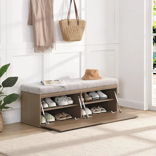 49 Shoe Storage Bench Entryway Shoe Cabinet Storage Ottoman with Padded Seat Cushion and Double Doors