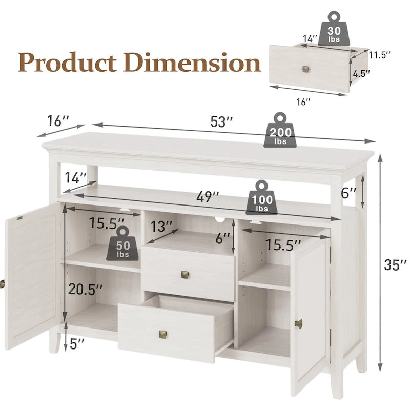 52.8 Rattan Sideboard, Boho Farmhouse Storage Cabinet with Adjustable Shelves, Accent Buffet Cabinet for Kitchen