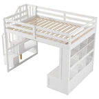 Full Size Loft Bed with Desk and Shelves, Two Built-in Drawers, Storage Staircase