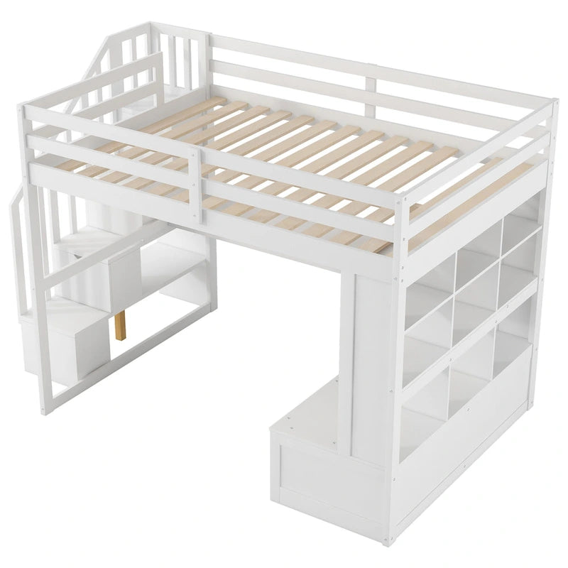 Full Size Loft Bed with Desk and Shelves, Two Built-in Drawers, Storage Staircase