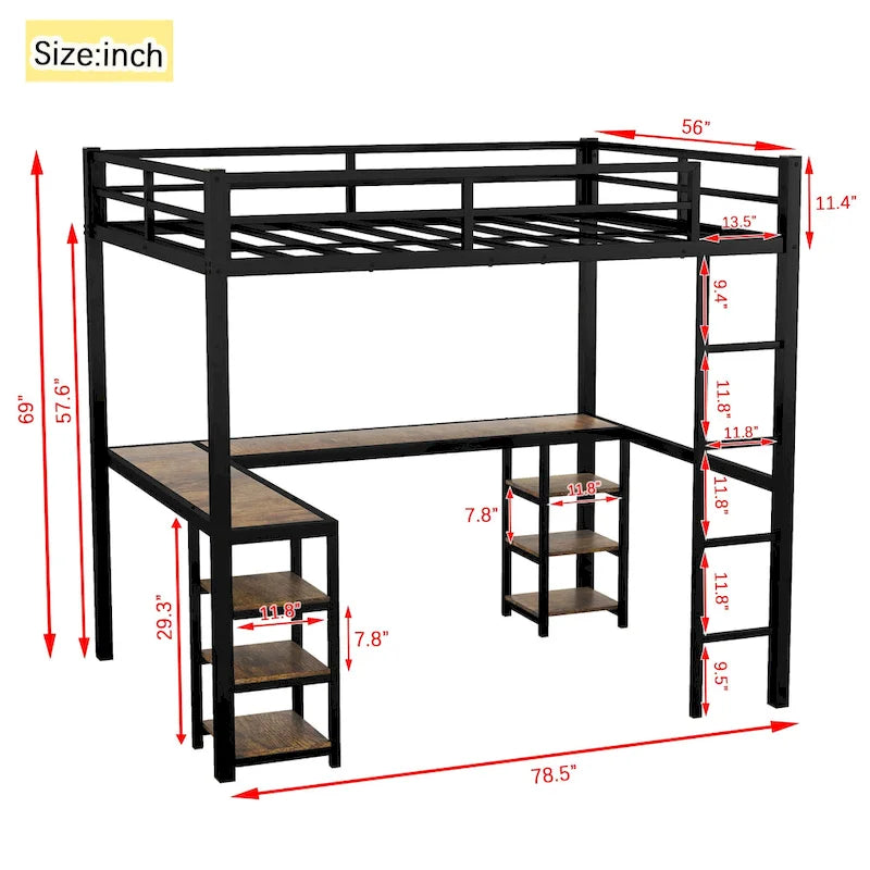 Full Metal Loft Bed with Desk and Shelves, Loft Bed with Ladder and Guardrails, Loft Bed Frame