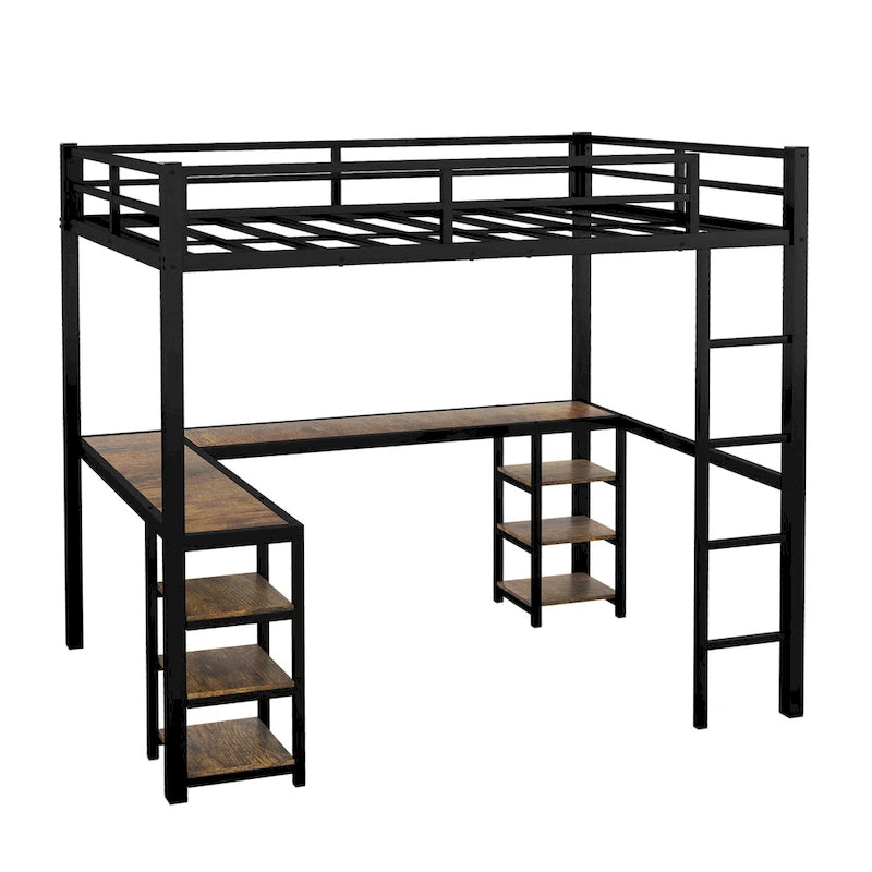 Full Metal Loft Bed with Desk and Shelves, Loft Bed with Ladder and Guardrails, Loft Bed Frame