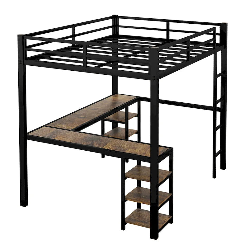 Full Metal Loft Bed with Desk and Shelves, Loft Bed with Ladder and Guardrails, Loft Bed Frame
