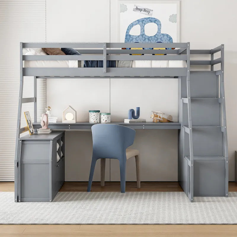 Full Size Loft Bed with 7 Drawers 2 Shelves and Desk
