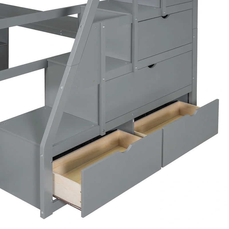 Full Size Loft Bed with 7 Drawers 2 Shelves and Desk