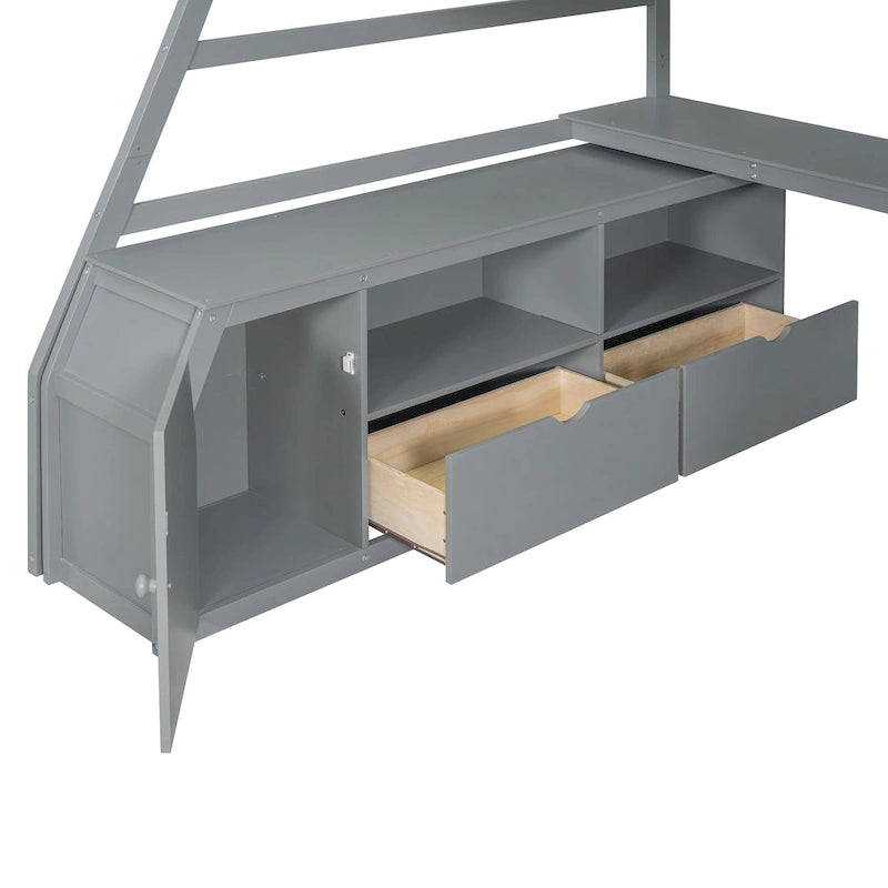 Full Size Loft Bed with 7 Drawers 2 Shelves and Desk