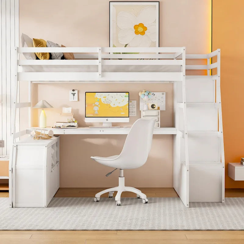 Full Size Loft Bed with 7 Drawers 2 Shelves and Desk