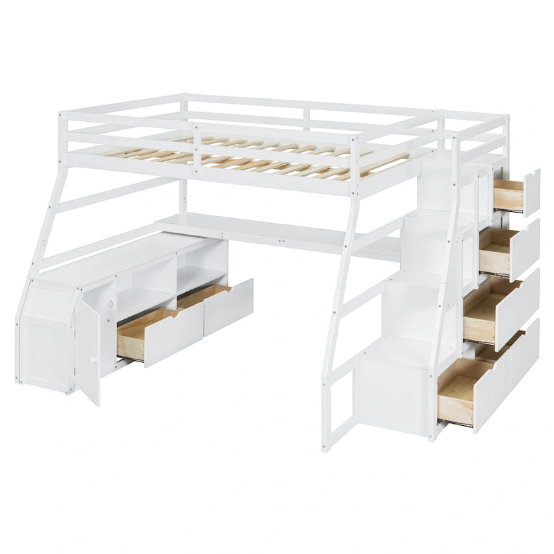 Full Size Loft Bed with 7 Drawers 2 Shelves and Desk