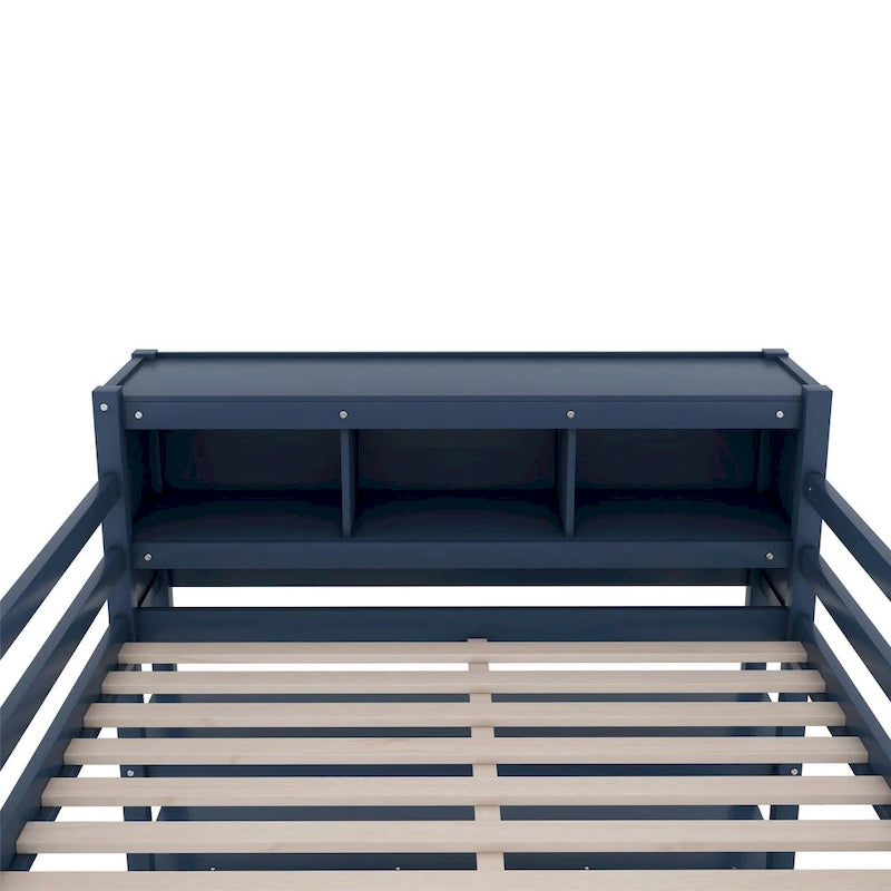 Wood Loft Bed with Cabinet and Bookshelf