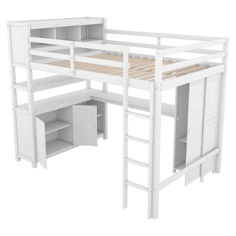 Wood Loft Bed with Cabinet and Bookshelf