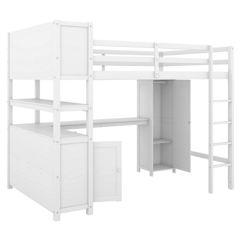 Wood Loft Bed with Cabinet and Bookshelf