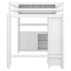 Wood Loft Bed with Cabinet and Bookshelf