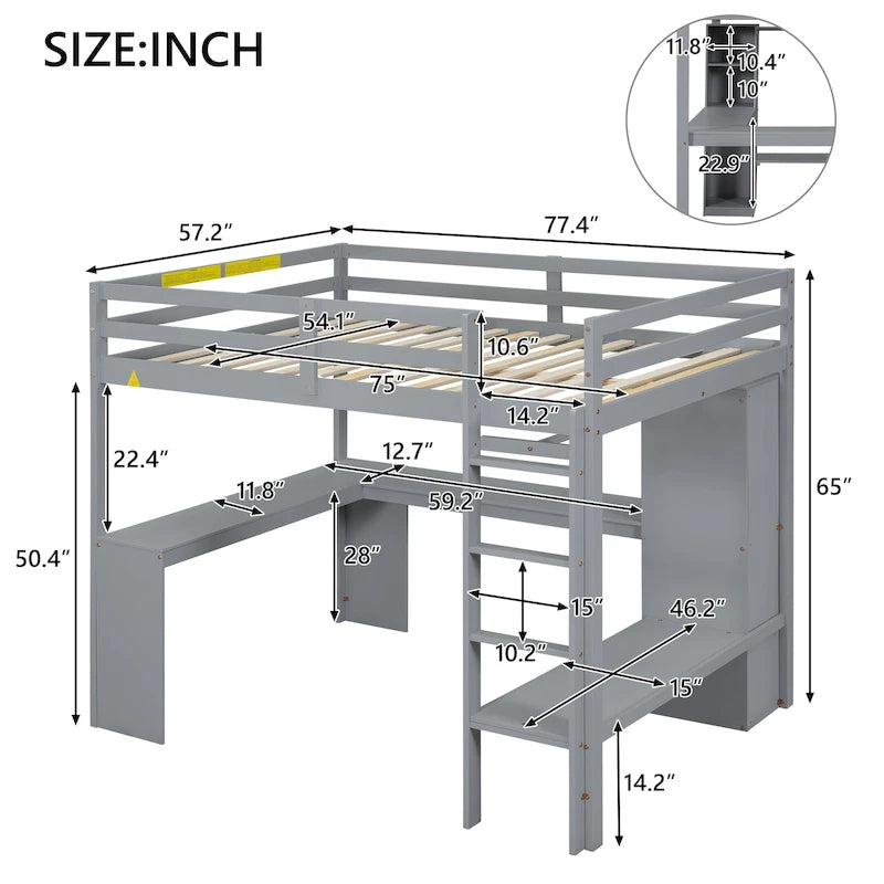 Full Size Loft Bed with L-shaped Desk, Wardrobe and Storage Shelves