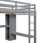 Full Size Loft Bed with L-shaped Desk, Wardrobe and Storage Shelves