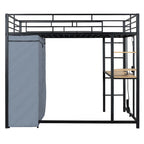 Full Size Loft Metal Bed with Desk,Shelves,Power Outlet,LED Light and Wardrobe