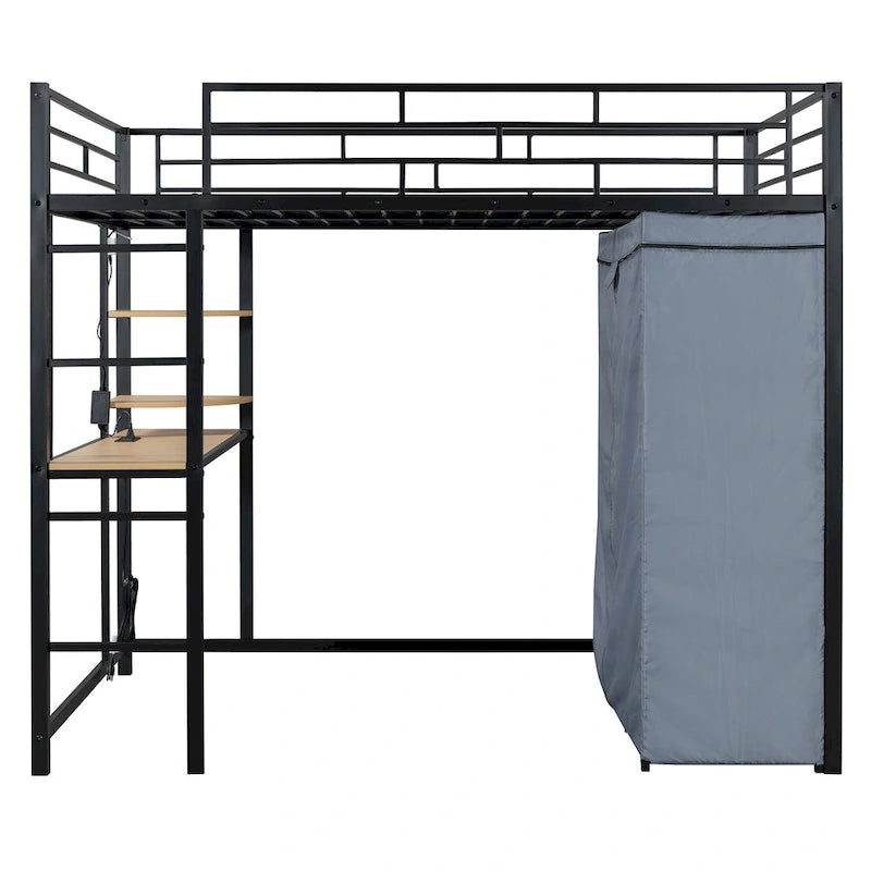 Full Size Loft Metal Bed with Desk,Shelves,Power Outlet,LED Light and Wardrobe