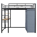 Full Size Loft Metal Bed with Desk,Shelves,Power Outlet,LED Light and Wardrobe