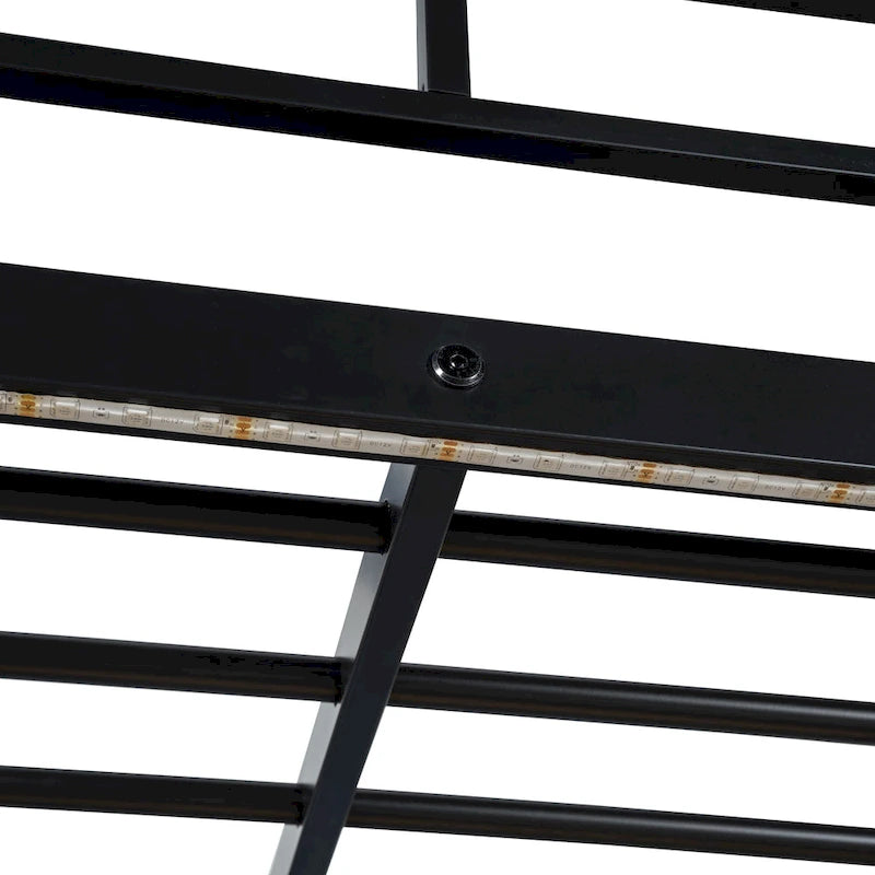 Full Size Loft Metal Bed with Desk,Shelves,Power Outlet,LED Light and Wardrobe