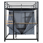 Full Size Loft Metal Bed with Desk,Shelves,Power Outlet,LED Light and Wardrobe