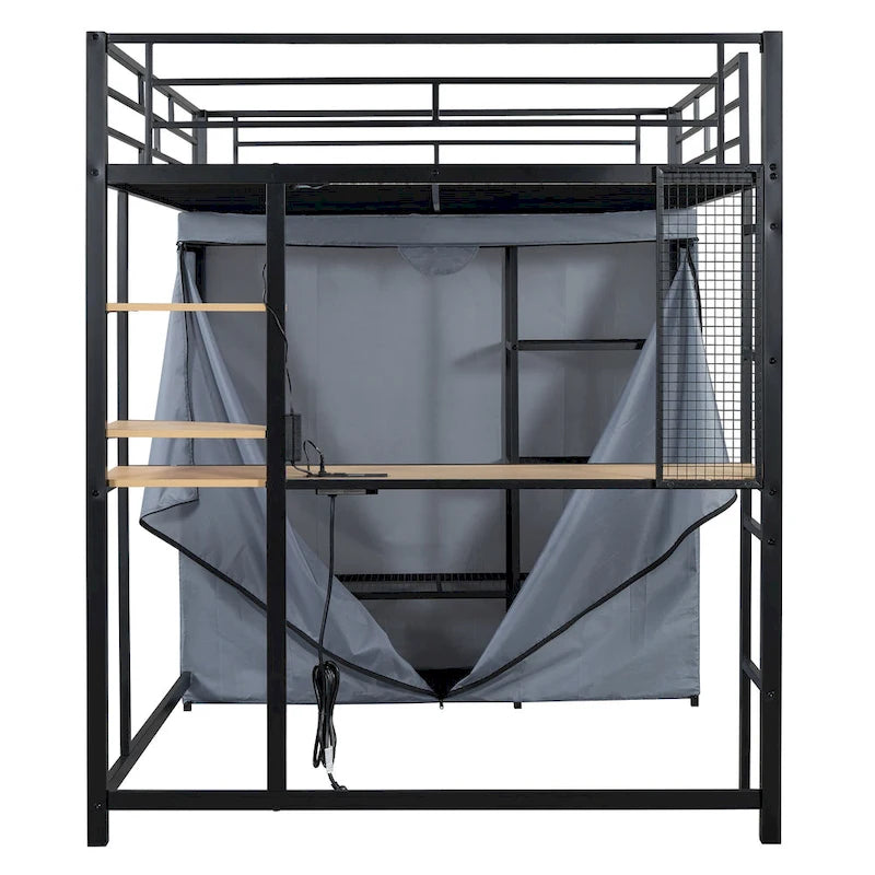 Full Size Loft Metal Bed with Desk,Shelves,Power Outlet,LED Light and Wardrobe