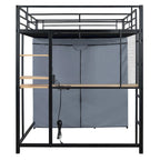Full Size Loft Metal Bed with Desk,Shelves,Power Outlet,LED Light and Wardrobe