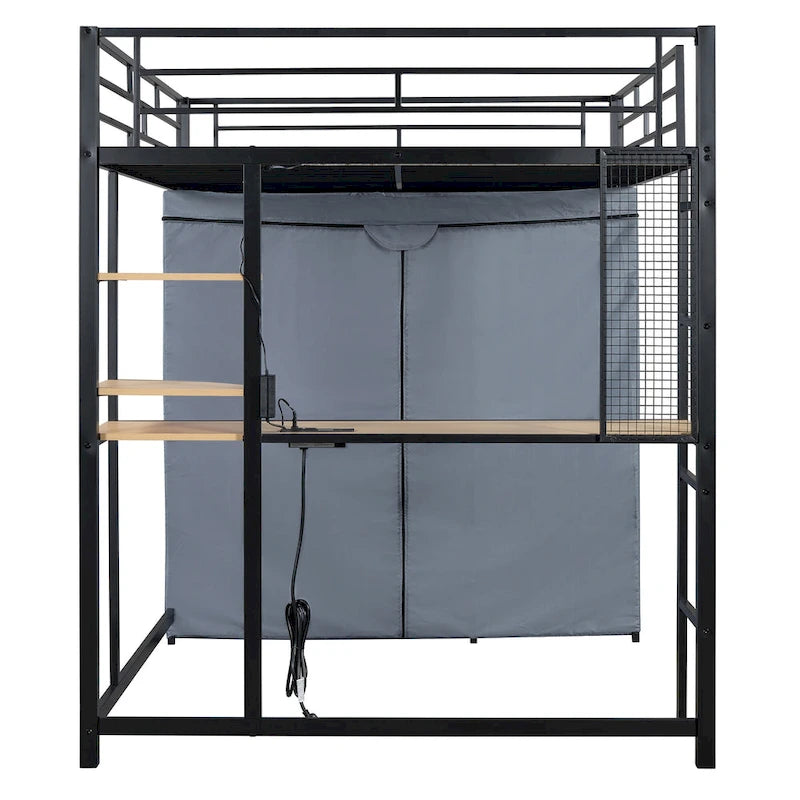 Full Size Loft Metal Bed with Desk,Shelves,Power Outlet,LED Light and Wardrobe