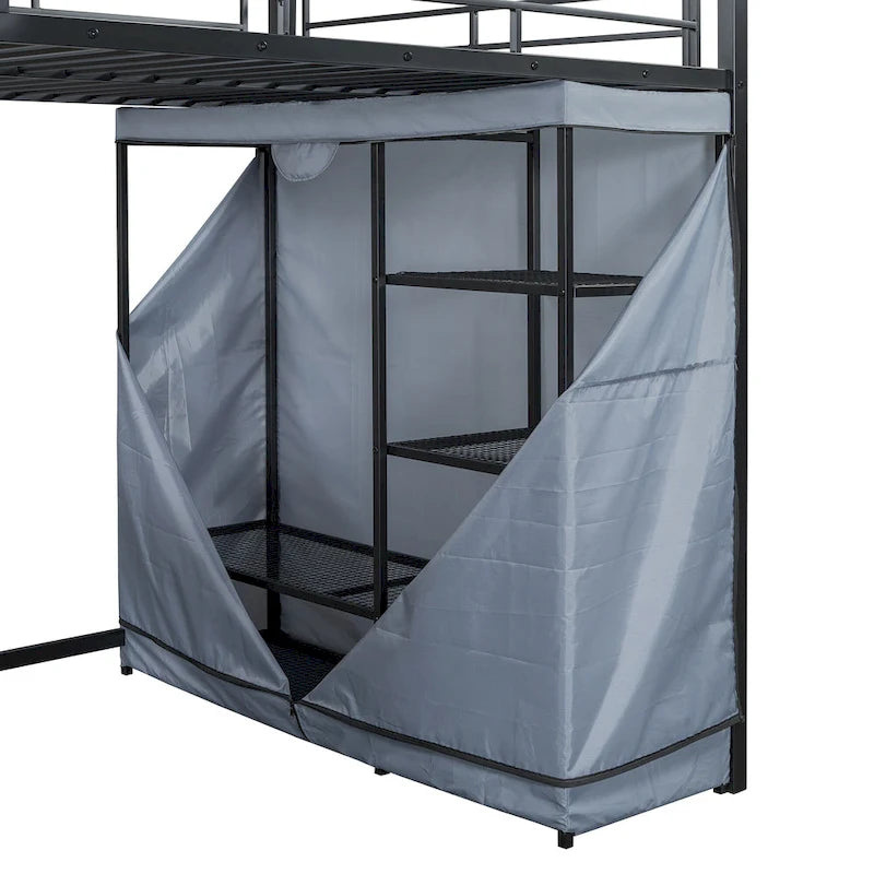 Full Size Loft Metal Bed with Desk,Shelves,Power Outlet,LED Light and Wardrobe