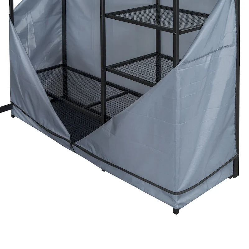 Full Size Loft Metal Bed with Desk,Shelves,Power Outlet,LED Light and Wardrobe