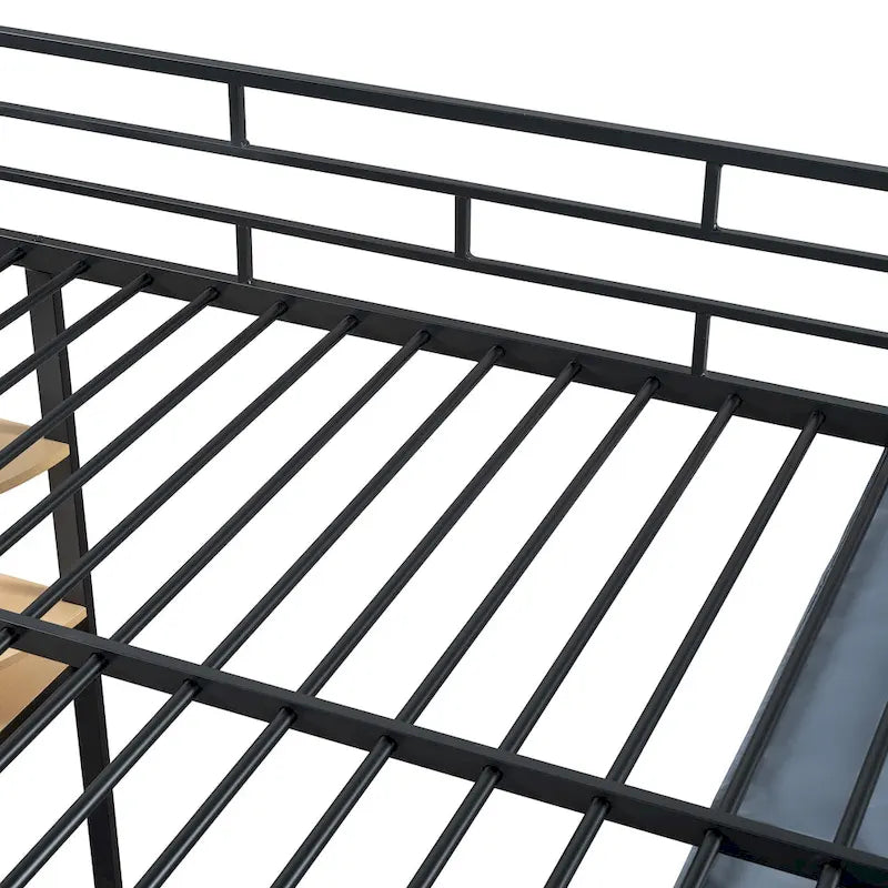 Full Size Loft Metal Bed with Desk,Shelves,Power Outlet,LED Light and Wardrobe