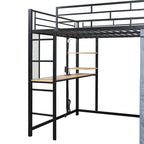 Full Size Loft Metal Bed with Desk,Shelves,Power Outlet,LED Light and Wardrobe