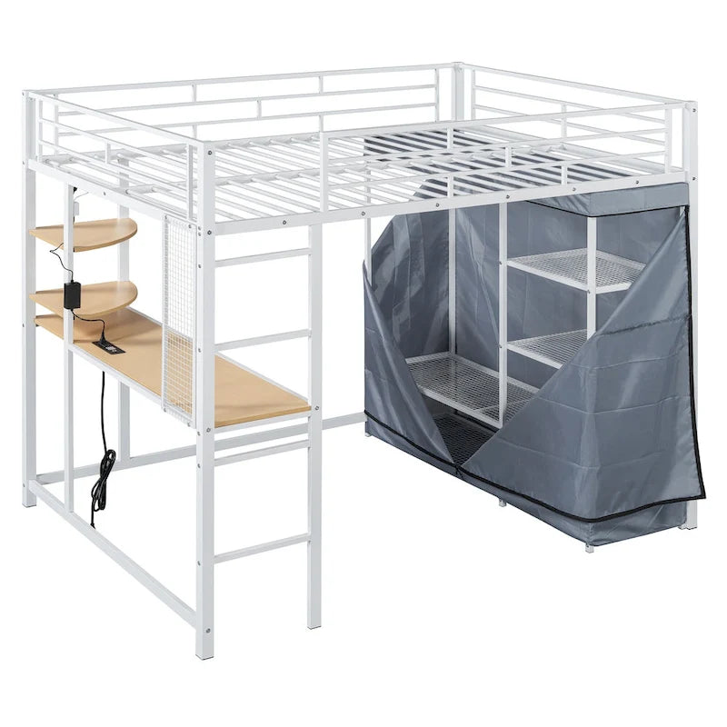 Full Size Loft Metal Bed with Desk,Shelves,Power Outlet,LED Light and Wardrobe