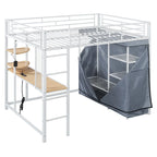 Full Size Loft Metal Bed with Desk,Shelves,Power Outlet,LED Light and Wardrobe
