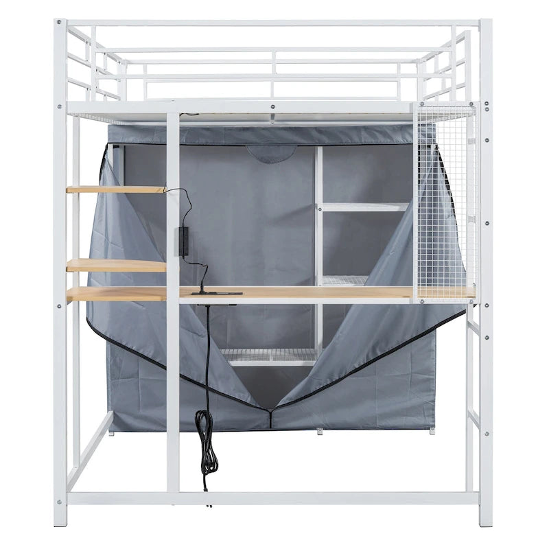 Full Size Loft Metal Bed with Desk,Shelves,Power Outlet,LED Light and Wardrobe