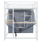 Full Size Loft Metal Bed with Desk,Shelves,Power Outlet,LED Light and Wardrobe