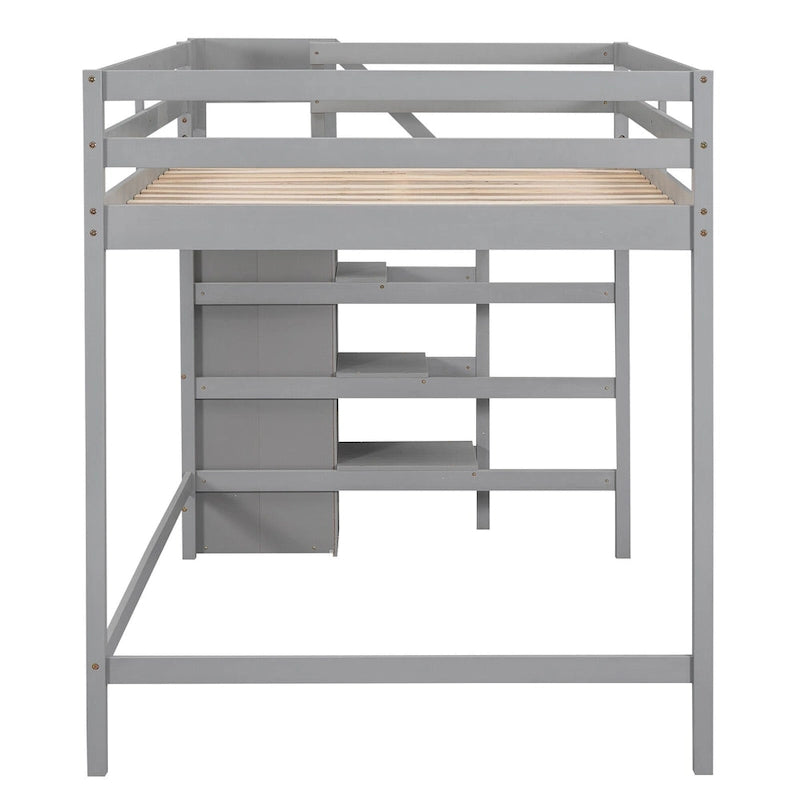 Full Size Loft Bed with Built-in Storage Wardrobe and Staircase