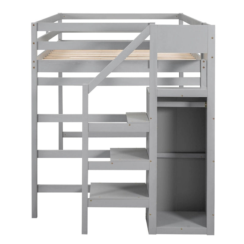 Full Size Loft Bed with Built-in Storage Wardrobe and Staircase