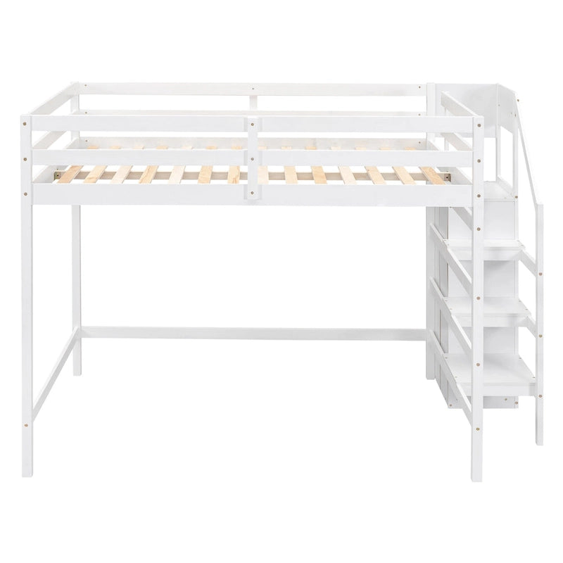 Full Size Loft Bed with Built-in Storage Wardrobe and Staircase
