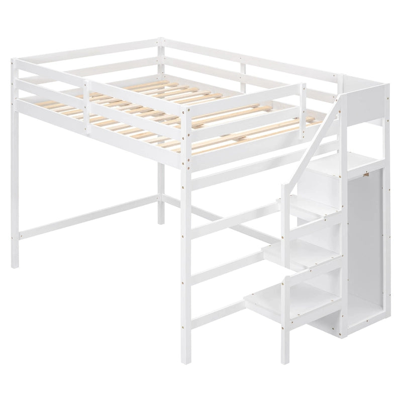 Full Size Loft Bed with Built-in Storage Wardrobe and Staircase