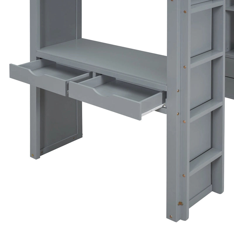 Full Size Loft Bed with large shelves, writing desk and LED Light