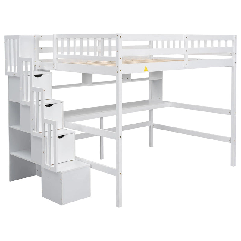 Full Size Loft Bed with Built-in Desk, Bookshelves and Storage Staircase