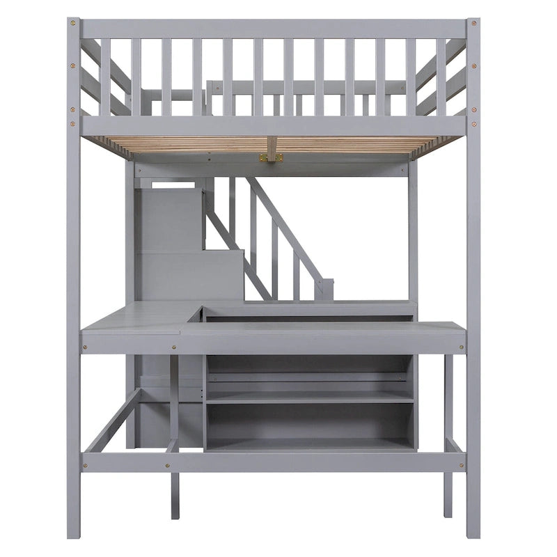 Full Size Loft Bed with Built-in L-Shaped Desk and Three-Tier Storage Shelves,and Attached Storage Staircase