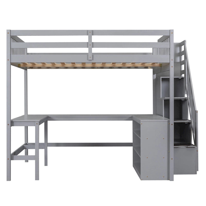 Full Size Loft Bed with Built-in L-Shaped Desk and Three-Tier Storage Shelves,and Attached Storage Staircase