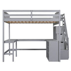 Full Size Loft Bed with Built-in L-Shaped Desk and Three-Tier Storage Shelves,and Attached Storage Staircase