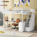 Full Size Loft Bed with Built-in L-Shaped Desk and Three-Tier Storage Shelves,and Attached Storage Staircase