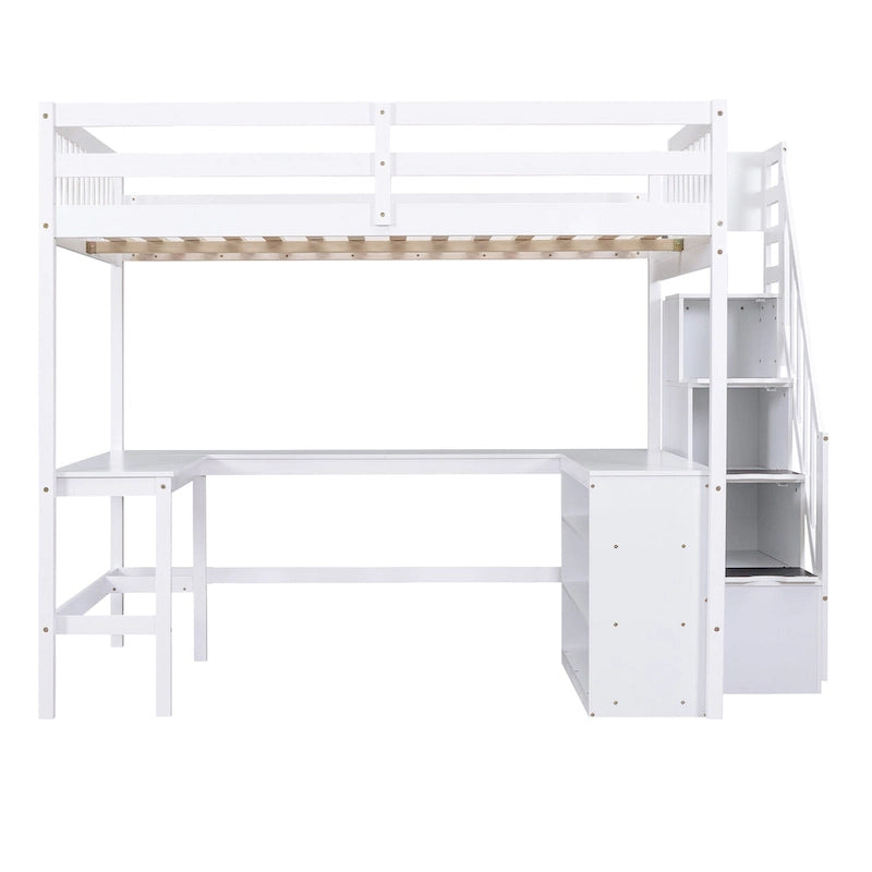 Full Size Loft Bed with Built-in L-Shaped Desk and Three-Tier Storage Shelves,and Attached Storage Staircase